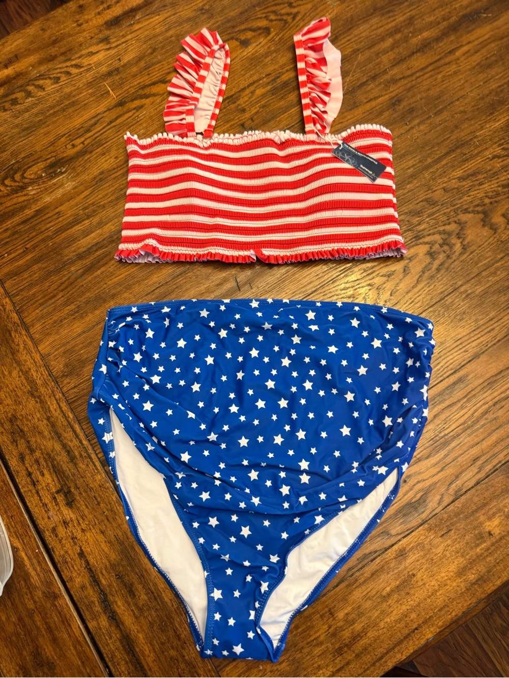 Women’s Red Stripe Ruffled Bikini Top and Blue Star High-Waist Bottoms
